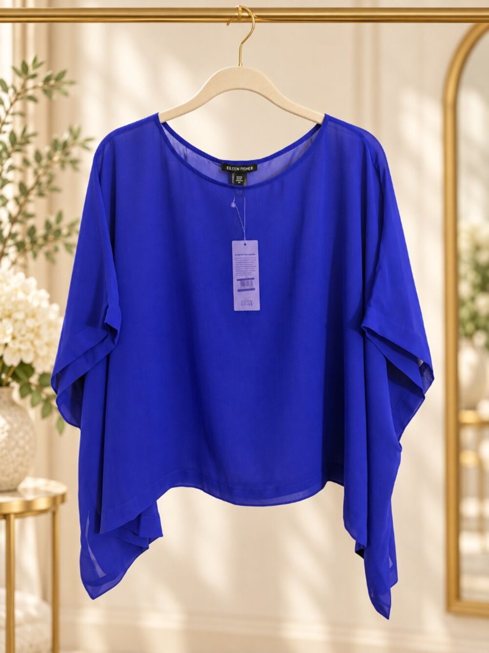 Eileen Fisher Sheer Silk Georgette Bateau Neck Cropped Top Blue Violet L/XL NWT